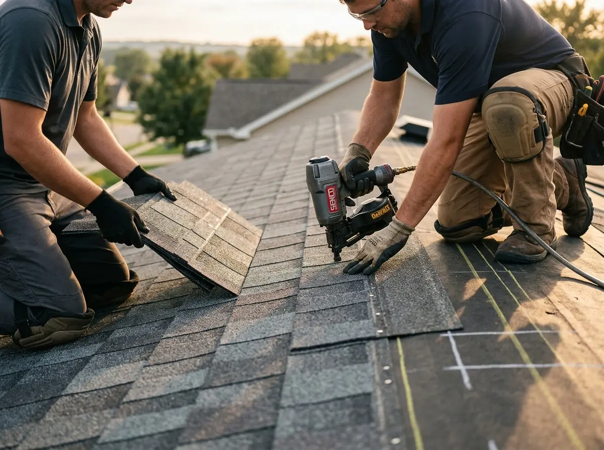 Professional roofer working on a residential roof in Piney Green